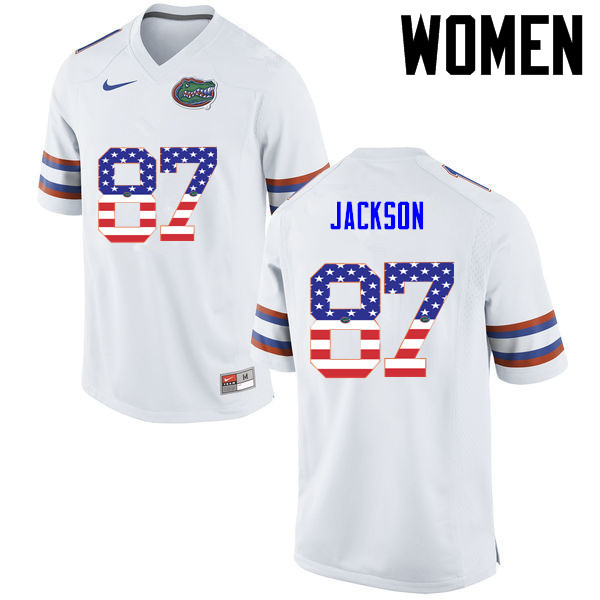 Women Florida Gators #87 Kalif Jackson College Football USA Flag Fashion Jerseys-White - Click Image to Close